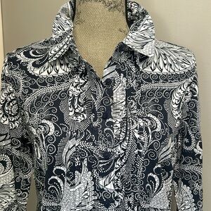 Talbots Navy/White Paisley 100% Cotton Long Sleeve Button Front Blouse Sz M